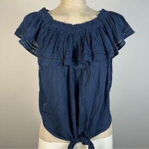 Dex Navy Blue Ruffle Off-Shoulder Blouse NWT S | Boho Cottagecore Tie-Front Top